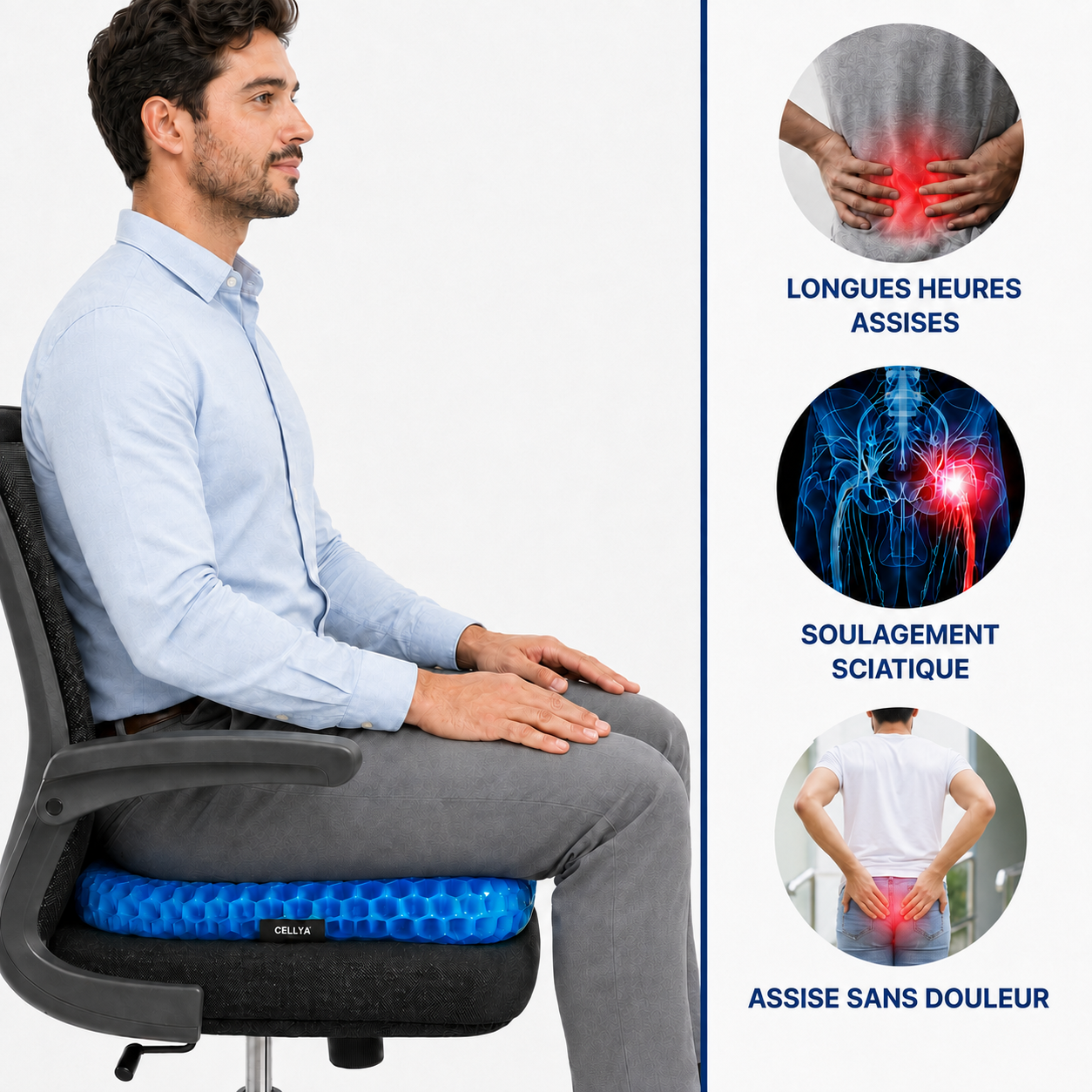 Coussin CELLYA™ — Gel Alvéolé Double Épaisseur 3,5cm — Ergonomique Bureau, Voiture & Voyage