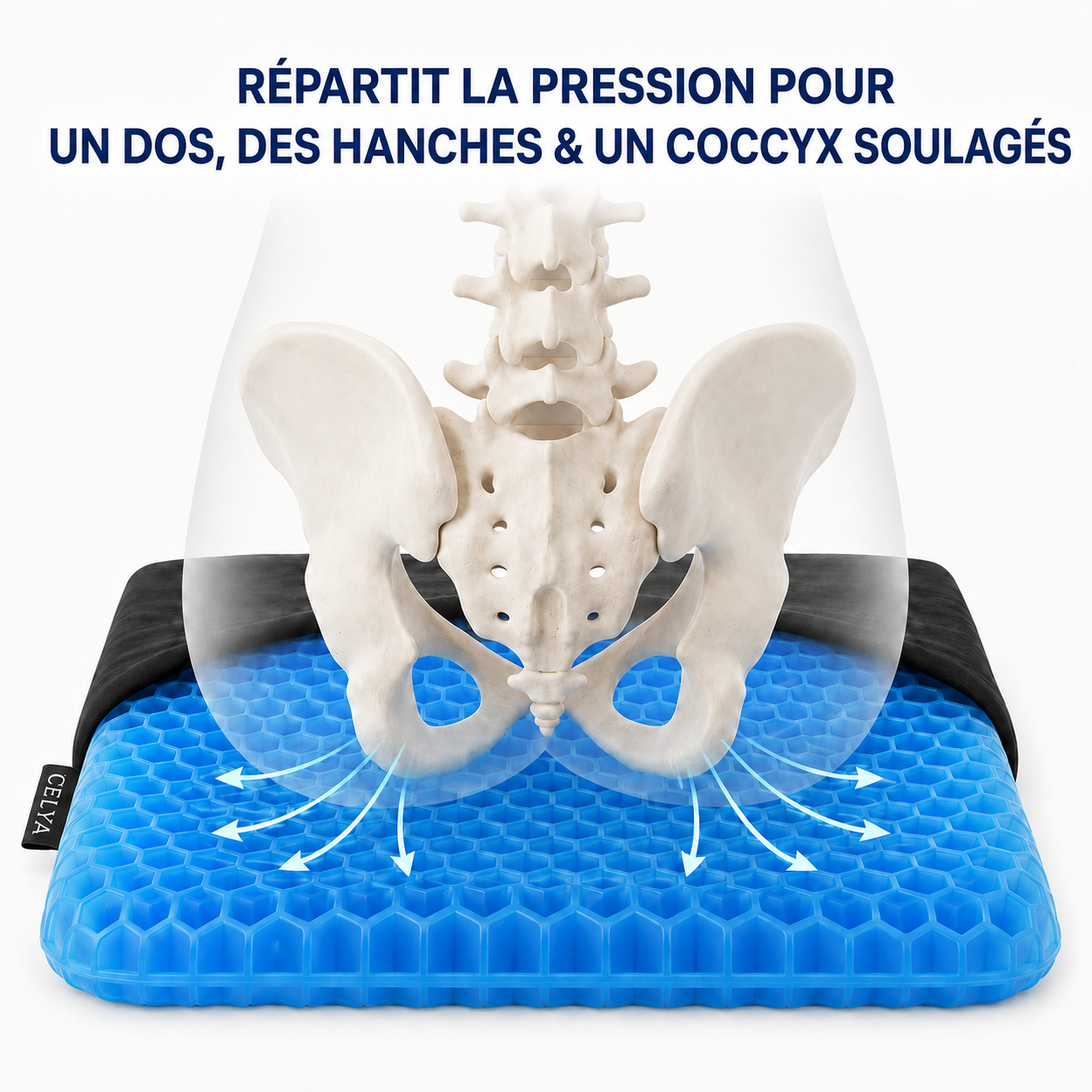 Coussin CELLYA™ — Gel Alvéolé Double Épaisseur 3,5cm — Ergonomique Bureau, Voiture & Voyage